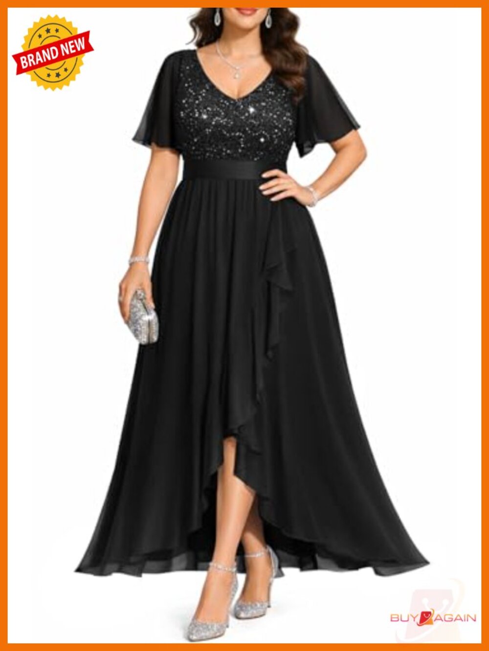 Plus Size Sequin Lace Formal Evening Gown High Low Maxi Dress